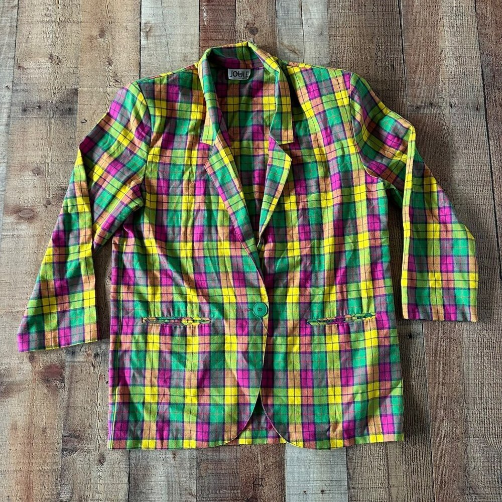 Vintage Joule Women's Plaid Colorful Blazer with Shoulder Pads -L